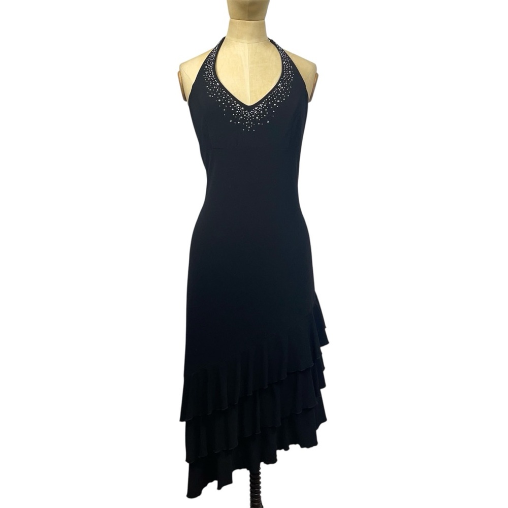 Onyx Nite Halter Dress 10 Black Cocktail LBD Tier 2000s Glam Rhinestone Vtg - Picture 2 of 13
